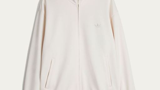White zip-up track jacket with a high collar featuring blue and yellow stripes, ribbed cuffs with matching blue and yellow stripes, and two front pockets.